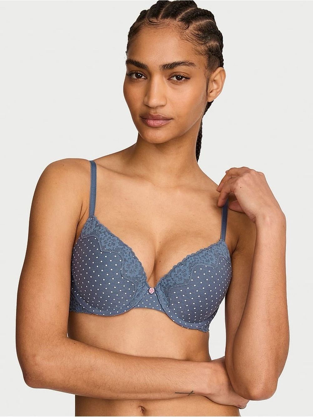 Victoria’s Secret Bluestream Polka Dot Cotton Lace-Trim Push-Up T-Shirt Bra 40DD